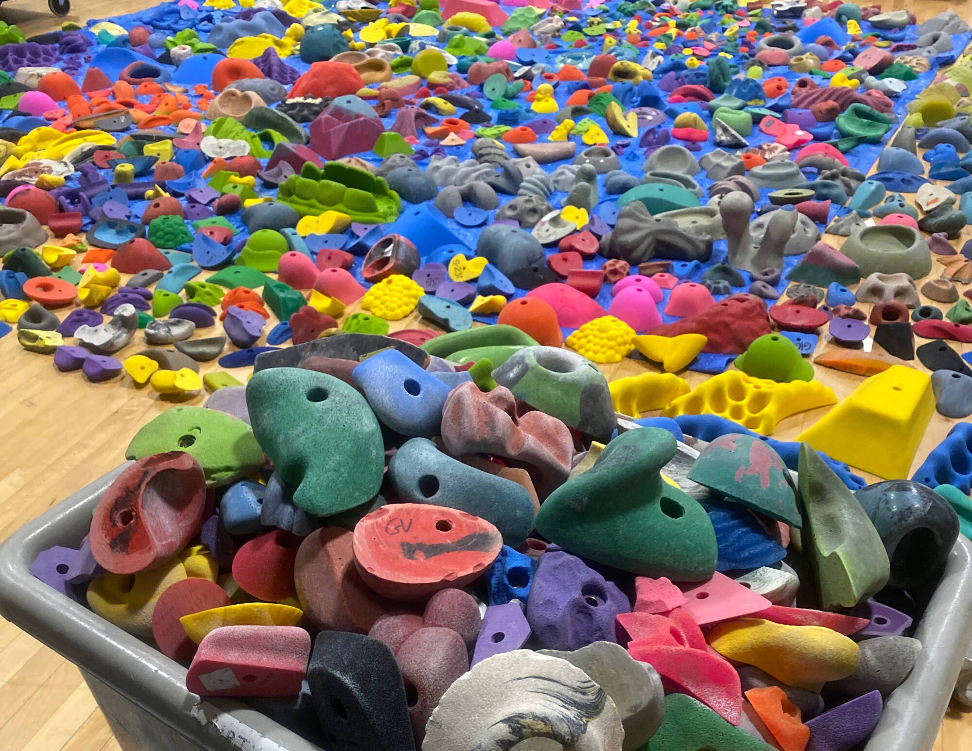hundreds of climbing holds laying on a blue tarp to dry
